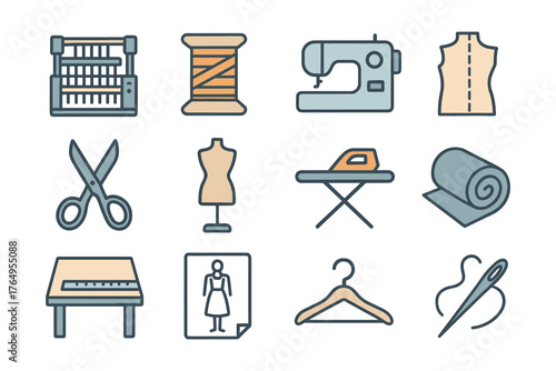 Sewing and tailoring icons set featuring tools and equipment in linear style