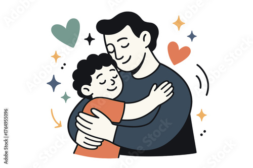 Embrace of Love. Bond of love. Parent embracing child with abstract floating hearts and sparkles; conveys affection, protection, and familial connection.