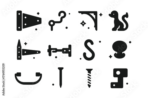 Farmhouse Hardware Icons. Farmhouse Porch Hardware. Solid icons set of Farmhouse Porch Hardware: barn door hinge, hook and eye, wrought iron bracket, shutter