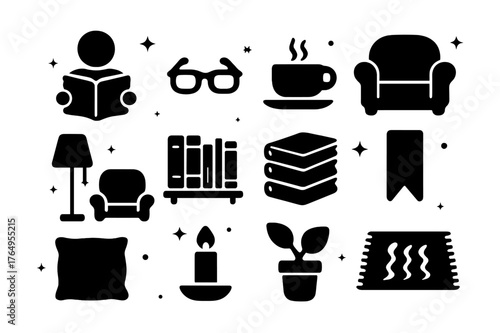 Reading Icons Collection. Person Reading. Solid icons set of Person Reading: open book, reading glasses, cup of tea, cozy armchair, floor lamp, bookshelf,