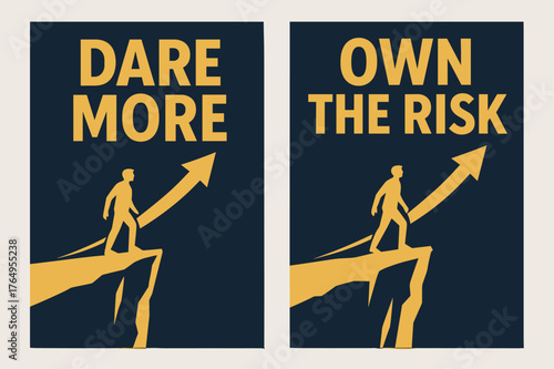 Dare and Own. Risk Taking. Two vertical A6 banners with safe margins, centered composition, no elements touching edges, bold, navy and gold, cliff edge,