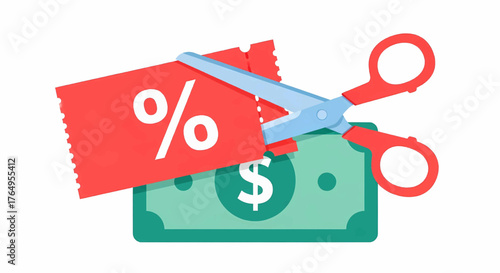 Scissors cut a discount coupon with money vector illustration isolated white background clip art commercial use