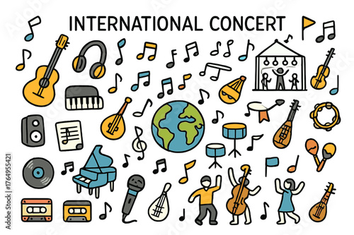 Global Music Celebration. International concert. Hand-drawn doodle illustration globe (colored), musical notes (colored), guitar (colored), piano (colored),