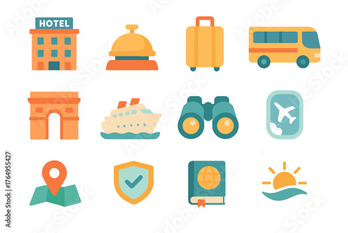 Travel essentials in flat design: hotel, transport, and exploration icons