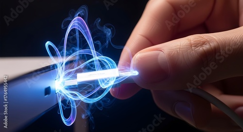 Closeup of a hand connecting a glowing power cable, symbolizing energy and technology