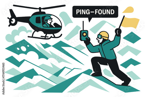 Avalanche Rescue Scene. Avalanche Response. Snow dust plumes as the bird hovers; a rescuer with a beacon waves a bright flag. ?PING?FOUND? blips in a small