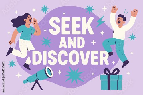 Seek and Discover. Seek and discover banner, flat vector illustration, bold oversized text inside rounded blob, cartoon characters shouting and dancing,