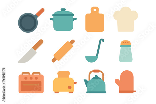 Kitchen icon set featuring flat design cooking utensils and appliances in warm tones