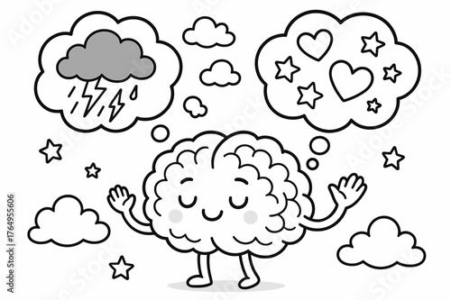 Calm Brain Coloring. Peaceful mind transformation children?s coloring book illustration, outlined drawing, a cartoon brain turning storm clouds into hearts and