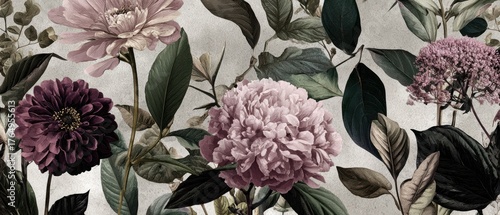 Exquisite floral arrangement featu large pink peonies dark purple dahlias green leaves on soft neutral background for elegant botanical decor