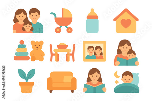Family life set: parenting symbols and childcare essentials in flat design