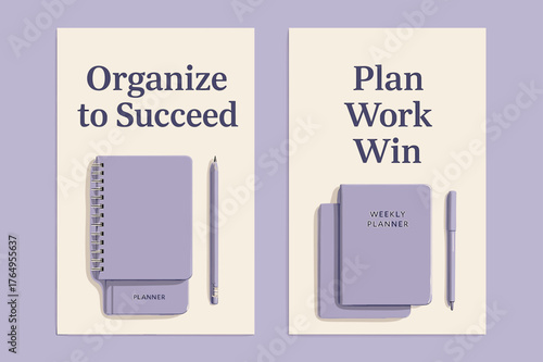 Organize and Win. Organize to succeed. Two vertical A6 banners with safe margins, centered composition, no elements touching edges, minimal, lavender and