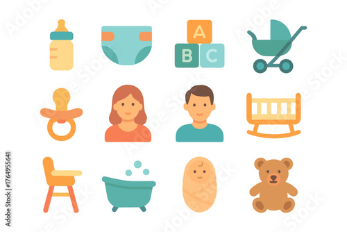 Colorful baby essentials set including pacifier, cradle, and blocks in flat design