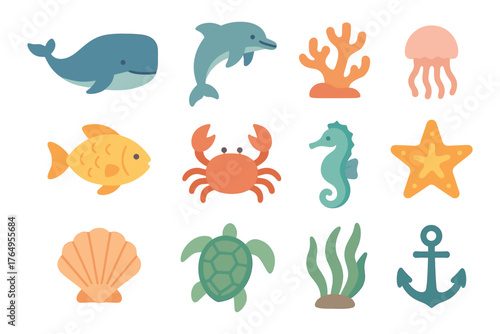 Cute marine life collection with colorful ocean creatures and nautical elements