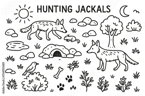 Hunting Jackals Sketch. Hunting Jackals. Hand-drawn doodle illustration Hunting Jackals jackal, small prey, den, rocks, grass, trees, sun, moon, footprints,