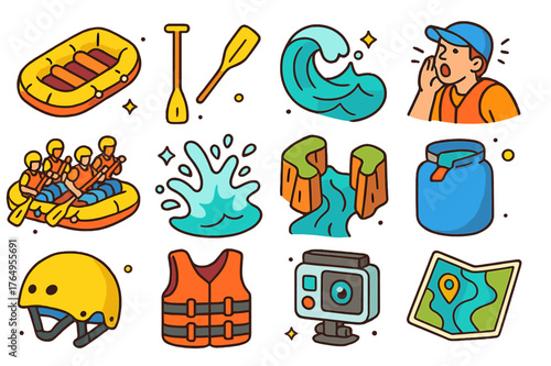 River Rafting Icons. River rafting adventures. Colorful isometric vector icons set of River rafting adventures: inflatable raft, T-grip paddle, whitewater