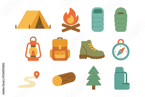 Camping gear icons: tent, backpack, campfire, sleeping bag, lantern, map, hiking boot