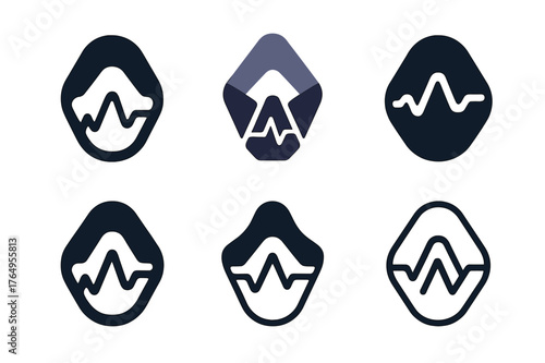 VO2 Max Logo Grid. VO2 max testing. Set Logo of VO2 max testing: breathing mask with oxygen graph. harmonious logo variations of the same emblematic concept,