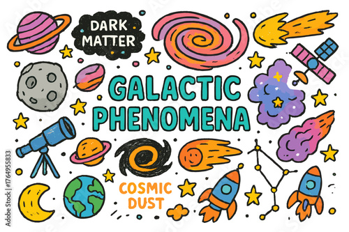 Galactic Doodle Extravaganza. galactic phenomena. Colorful Hand-drawn doodle Children illustration galactic phenomena dark matter, galaxy, stars, planets,