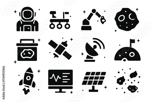 Space Icon Collection. Space exploration and meteorites. Solid icons set of Space exploration and meteorites: astronaut, rover, sample arm, meteorite rock,