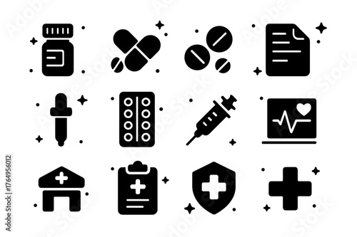Medication Icons Grid. Prescription & Medication. Solid icons set of Prescription & Medication: pill bottle, capsules, tablets, prescription pad, medicine