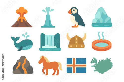 Icelandic icons set: puffin, viking helmet, hot springs, glaciers, geyser, waterfall