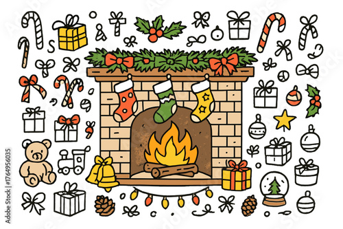 Festive Fireplace Doodle. Festive fireplace. Hand-drawn doodle illustration Christmas stockings (colored), fireplace (colored), mantel (colored), candy canes