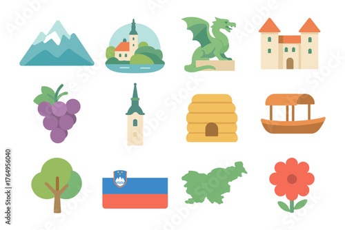 Slovenia icons set featuring landmarks, dragon, and nature in flat design