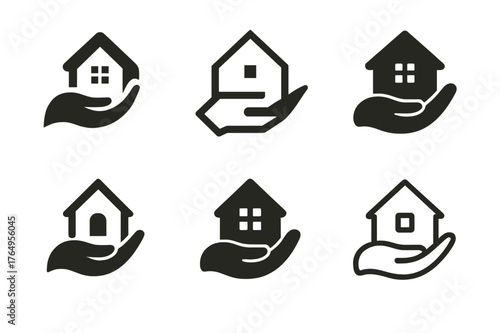 Caring Hand Emblems. Assisted living support. Set Logo of Assisted living support: caring hand cradling home. harmonious logo variations of the same emblematic