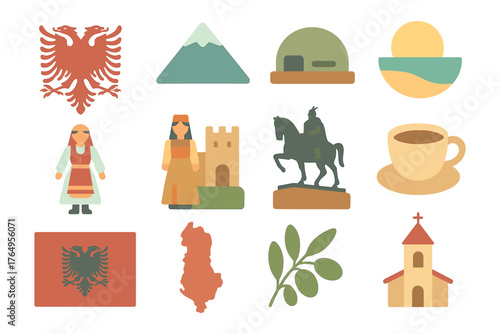 Albania icons set: traditional elements and cultural symbols in flat style