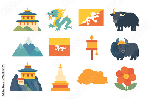 Bhutan culture and symbols: temples, dragons, yaks, flags, and mountains