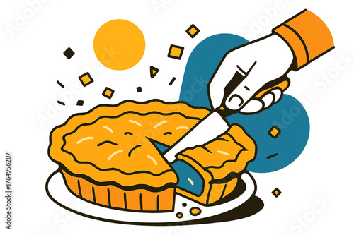 Slicing Homemade Pie. A Person Slicing into a Homemade Pie with Flaky Crust and Delicious Filling. Hand holding a pie server cutting into a golden-brown pie