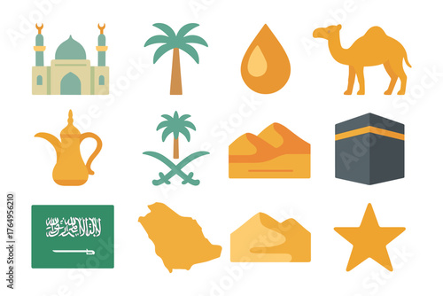 Cultural symbols of saudi arabia in flat style
