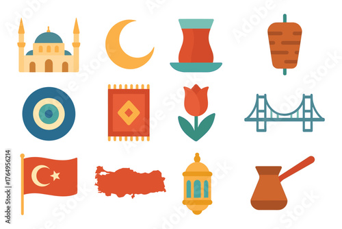 Flat icons representing turkish culture: mosque, tulip, tea cup, and more