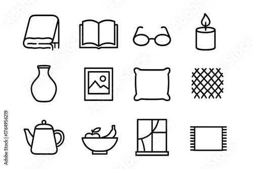 Cozy Home Icons. At Home Details. Line icon set of At Home Details: soft blanket, book, glasses, candle, ceramic vase, framed photo, cushion, knit texture,