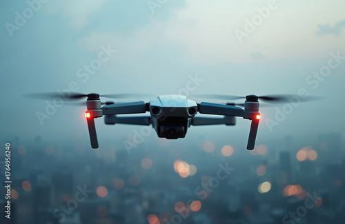Drone soars through city sky. Camera drone captures aerial footage with blurred cityscape lights below. Modern unmanned aerial vehicle performs surveillance, records scenic content. Future tech in