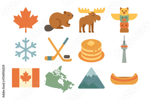 Canadian icons collection featuring moose, maple leaf, and more in flat design