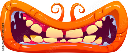 Cartoon Halloween monster vector mouth. Wide orange monster mouth with glossy lips, yellow teeth, pink gums, strings of saliva dripping from the corners. Halloween emoji, monster character jaws