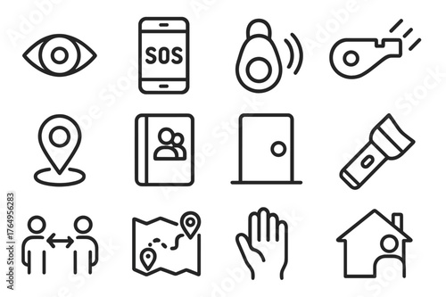 Personal Safety Icons. Personal Safety. Line icon set of Personal Safety: awareness eye, phone SOS, personal alarm, emergency whistle, share location pin,