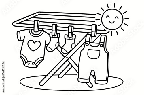 Baby Clothes Drying. Drying rack for baby clothes children?s coloring book illustration, outlined drawing, baby outfits and socks clipped to a small drying