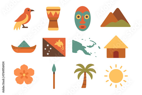 Papua new guinea icon set: traditional culture and nature symbols in flat design
