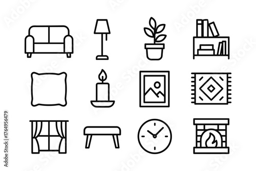 Minimalist home decor icons collection featuring furniture and accessories