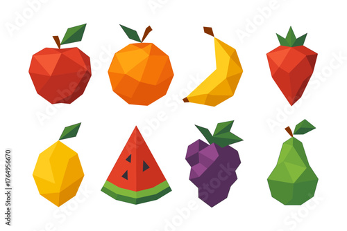 Geometric low poly style fruits featuring apple, orange, banana, strawberry, lemon, watermelon, grape, and pear