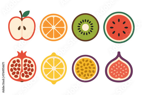 Colorful flat fruit icons set with diverse tropical and citrus fruit slices