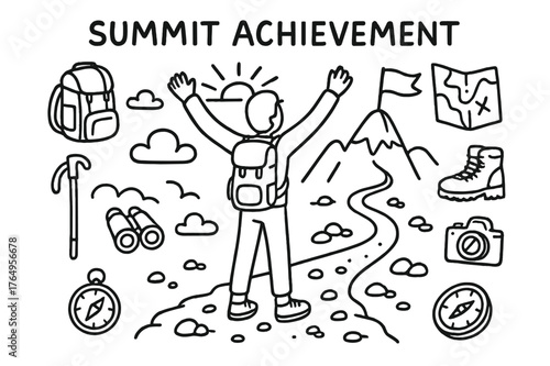Celebrating Mountain Summit. Summit Achievement. Hand-drawn doodle illustration Summit Achievement person celebrating, arms up, mountain peak, flag, sunrise,
