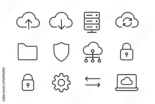 Minimalist cloud technology and security icons in linear style