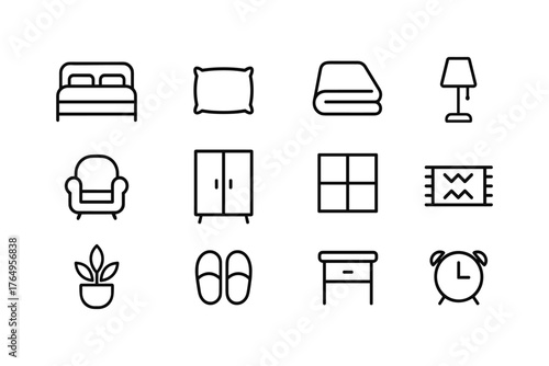 Minimal home furnishing icons set: bedroom, living room, and decor essentials