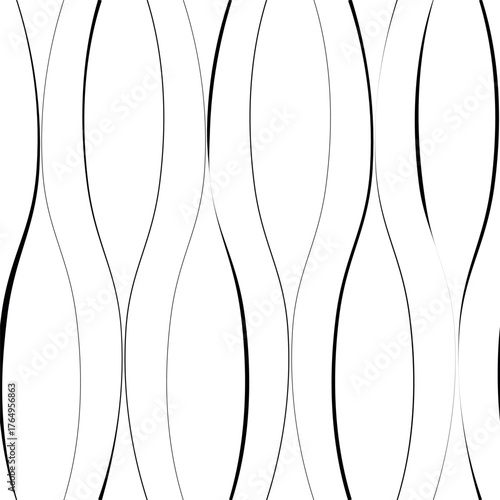 Wavy vertical lines seamless pattern. Trendy geometric design. Illusion   movement. White  minimalistic background with black wavy lines.  Vector illustration.

