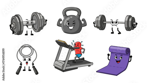 Cartoon Gym Equipments: A set of six cartoon gym equipment illustrations. It's time to work out and stay healthy.