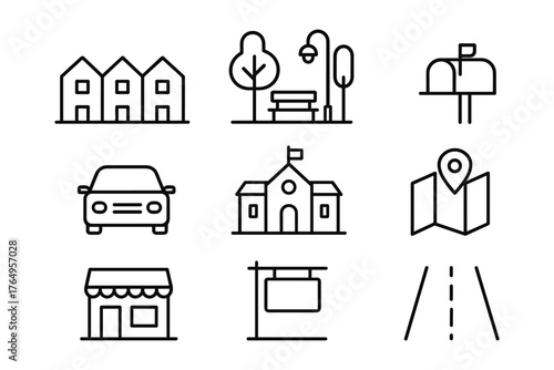 Simple linear icons of urban and suburban elements for modern design projects